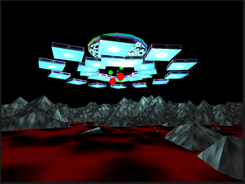 Spaceship floating over blood ocean landscape